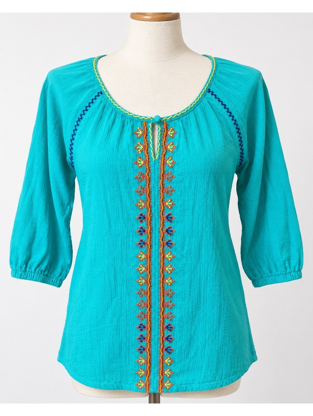 Esley Turquoise Embroidered Beaded Boho Peasant Top Womenโs Small Rayon